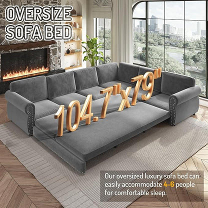 118" L-Shaped Sleeper Couch Bed - Oversize Convertible with Pull-Out Sofa Bed, Button Tufted Chesterfield Sofa, Chenille Sectional Vintage Couches for Living Room/Apartment(6-Seater, Light Grey) | Oversize Convertible