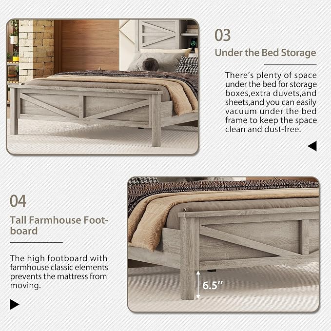 3 Pieces Bedroom Furniture Set Queen Size Bed Frame with Storage Headboard and Charging Station, Farmhouse Platform Bed Frames with Nightstand and Dresser, for Bedroom, Living Room (Gray, Queen)