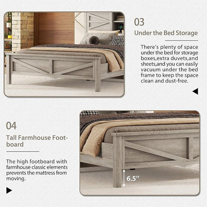 3 Pieces Bedroom Furniture Set Full Size Bed Frame with Storage Headboard and Charging Station, Farmhouse Platform Bed Frames with Nightstand and Dresser, for Bedroom, Living Room (Gray, Full)