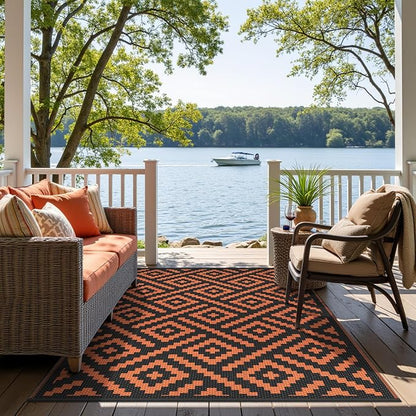 GENIMO Outdoor Rug for Patio, 6'x9' Fall Reversible Plastic Straw Rugs, Waterproof Halloween RV Camping Mat Lightweight Carpet for Camper, Balcony, Deck, Backyard, Picnic, Black Orange