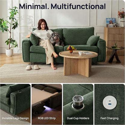 Pull Out Sofa Bed, No Cushion Removal, Queen Sleeper Sofa with USB Fast Charging, Memory Form Mattress, 2-in-1 Convertible Comfy Loveseat Couch Bed for RV, Apartment, and Small Spaces (Green)