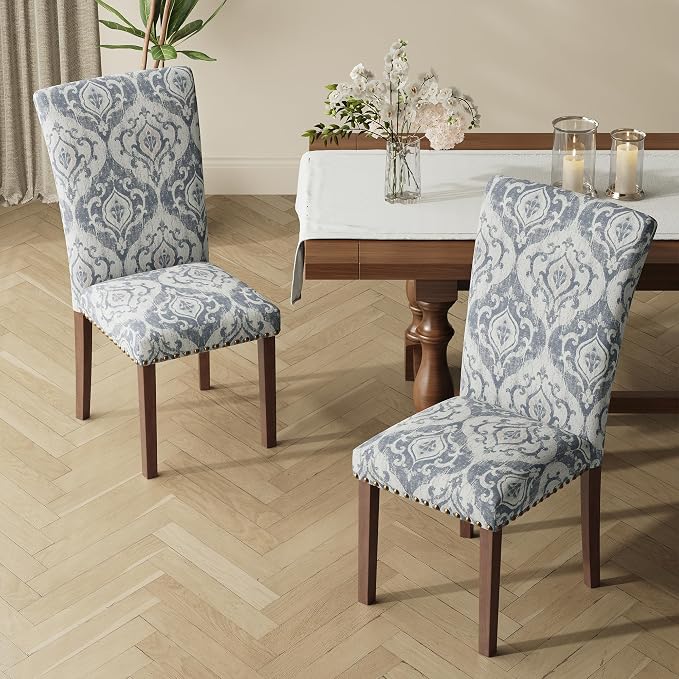 MALOL Dining Chairs Set of 2, High Back Dining Chair with Wood Legs and Nailhead Trim, Modern Padded Kitchen Room Chairs for Dining Room/Restaurant, White/Blue