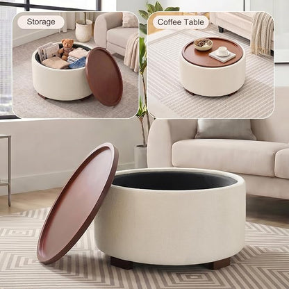 29.1 Inch Round Ottoman Coffee Table, Ottoman with Storage, Boucle Beige | Storage Ottoman with Removable Lid Top, Solid Wood Legs, Round Ottoman for Living Room, Bedroom, Apartments