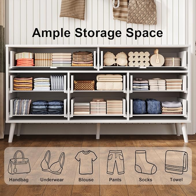 Fluted Dresser for Bedroom with 8 Drawers, Wooden Dresser with Metal Handle, White Dresser for Bedroom, Wood Closet for Hallway, Modern Storage Organizer for Living Room BDR104WW