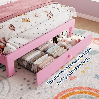 Garvee Twin XL Size Bed Frame with LED Lights & Velvet Crystal Button Headboard, Upholstered Boy Platform Bed with Storage Drawer, Noise Free, No Box Spring Needed for Kids, Teens, Pink