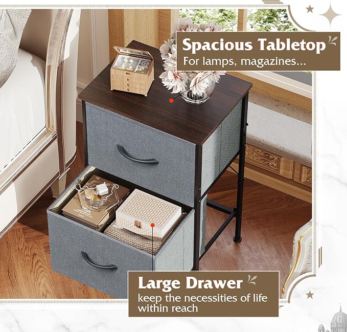 WLIVE Night Stand, Small Dresser with 2 Drawers & Wooden Top, Nightstand with Fabric Bins, Bedside Table End Table for Bedroom, Closet, Entryway, College Dorm, Charcoal Black