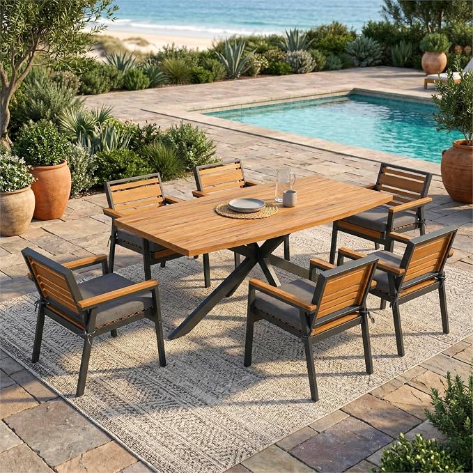 Quarte Stylish 7-Piece Acacia Wood and Iron Dining Set with Removable Cushions – Perfect for Indoor and Outdoor Family Gatherings (Gray/m+w)