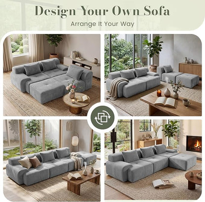 GRUSIGN 108'' Modular Sectional Boneless Couch, Tufted Cloud Sectional Couches for Living Room, L Shape Deep Seat Sofa with Ottoman & 3 Throw Pillows,Corduroy Oversized Couch,Light Grey