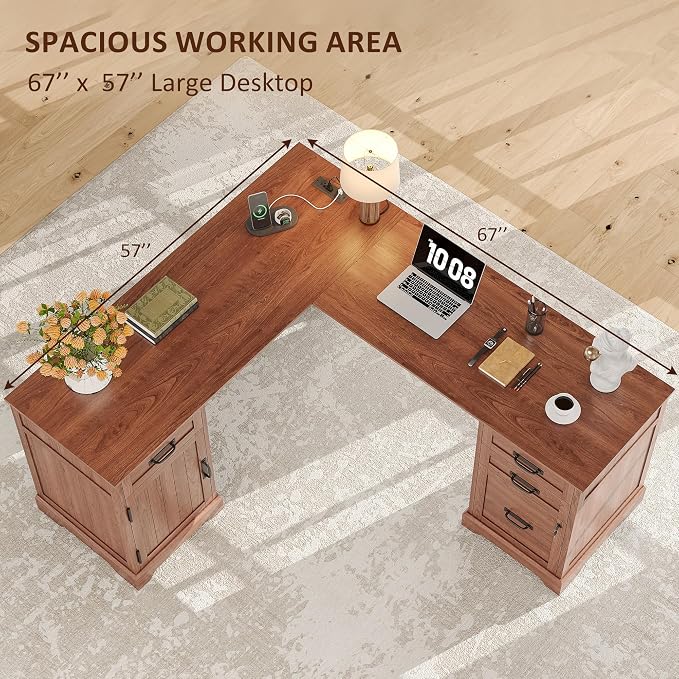 Whalefall 67'' Farmhouse L-Shaped Desk with Drawers for Home Office, Brown | Computer Corner Desk with File Cabinet and Charging Station, Large Executive L Desk with Locking Drawers Storage