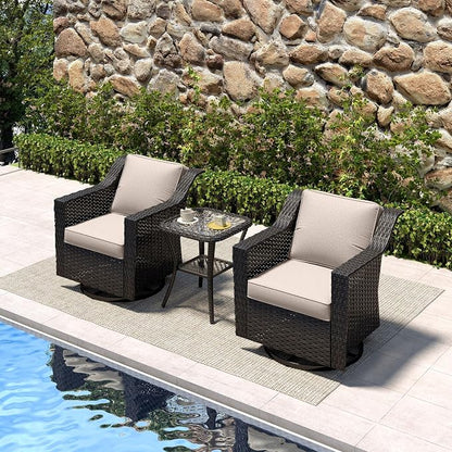 3 Pieces Patio Conversation Furniture Set - 2 Swivel Chairs, 1 Side Table, Outdoor Wicker Rocking Glider Armchairs with Washable Cushions for Porch, Balcony, Sunroom (Beige)