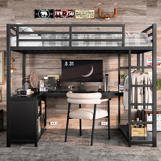 Bellemave Twin loft Bed with L Desk, Wardrobe, Metal Twin Loft Bed Frame for Adults, Kids, Teens, Black