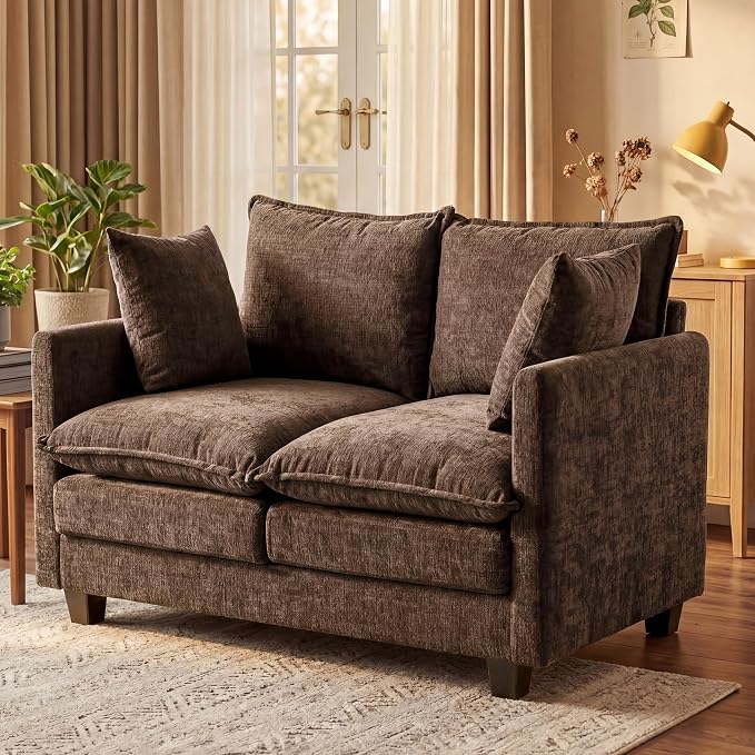 Loveseat Sofa with Cloud 3-Layer Cushion & 27" Deep Seat, Modern Love Seat Small Couch with 2 Washable Pillows for Small Spaces, Bedroom, Apartment, Office, Living Room, in a Box, 50-Inch Cocoa Brown