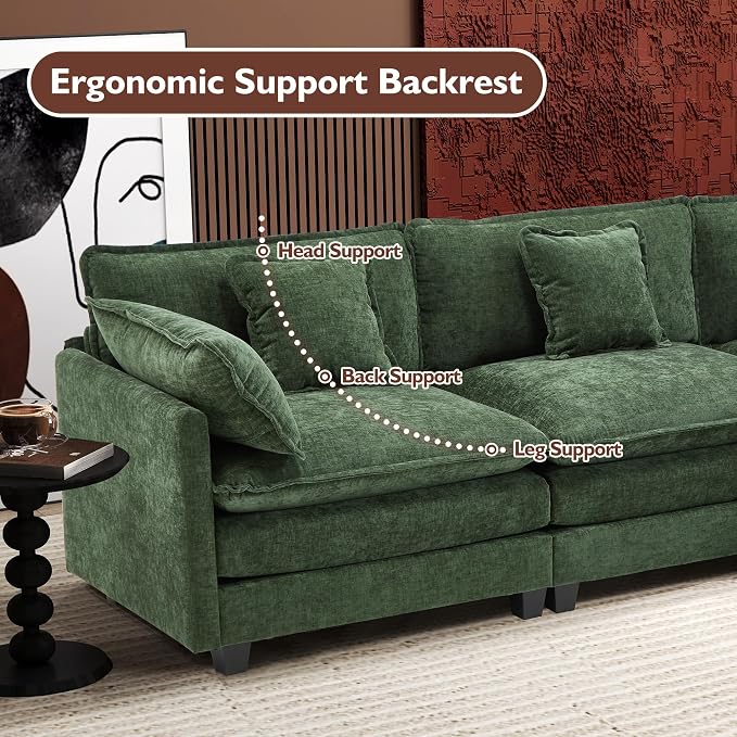 Ihanherry 111.4 Inch 3-Seater Cloud Sofa, Modular Sectional Couch, Modern Deep Seat Sofa for Living Room, Comfy Double Layer Upholstered Seat Cushion, Breathable Chenille Fabric, Green