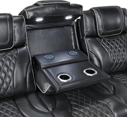 Lexicon Power Double Reclining Sofa, Center Drop-Down Table with Heat/Massage/Headrest/Storage Arms/Cup Holders/LED Lights/Wireless Charging, Top Grain Leather Match Wall Hugger Recliner Sofa, Black