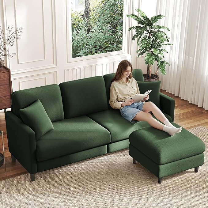 Welzona 83" Couches for Living Room, Teddy Sofa Couch with Storage Ottoman, L Shaped Couch with Movable Ottoman, Tool-Free Modular Sectional Sofa, All-Wood Sofas for Living Room with 2 Pillows, Green