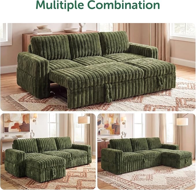 HONBAY Plush Corduroy Modular Sectional Sofa with Pull Out Bed L Shaped Sleeper Sofa with Storage Sectional Couches for Living Room,Plush Green