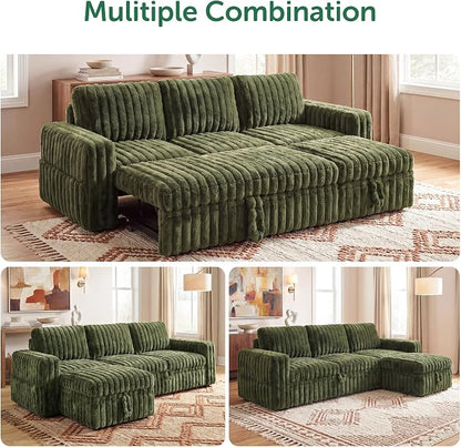 HONBAY Plush Corduroy Modular Sectional Sofa with Pull Out Bed L Shaped Sleeper Sofa with Storage Sectional Couches for Living Room,Plush Green