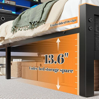 Homkdom Queen Bed Frame with 3-Tier Storage Headboard and 4 Fabric Drawers, LED Light & Charging Station, Noise-Free Metal Platform, No Box Spring Needed, Easy Assembly, Black