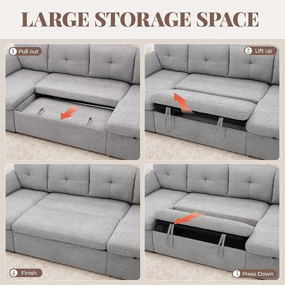 Huatean Home Oversized Sleeper Sofa Couch, 100 inch 2 in 1 Pullout Couch Bed with Side Pockets for Living Room, Sectional Sleeper Sofa Bed with Double Storage Chaise, LightGrey