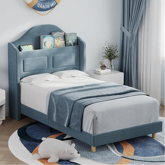 GarveeHome Twin Bed Frame for Kids, Upholstered Velvet Platform Bed for Boys/Girls with Wingback, Storage Bookcase Headboard & LED Lights, No Box Spring Needed, Noise-Free, Easy Assembly, Blue