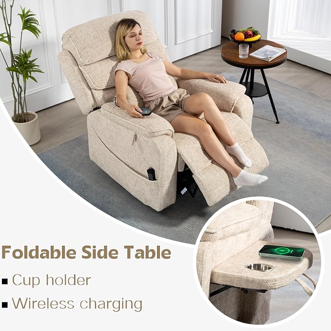 JIKFRIMA Power Lift Recliners Chairs for Elderly Adults Lay Flat Recliner with Heat & Massage, Wireless Charging Device, USB Ports, Cup Holder, Lumbar Pillow, 400Lbs (Velvet Fibric,Beige)