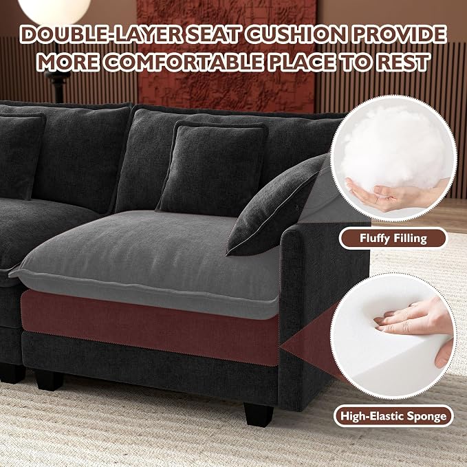 Ihanherry 114" V-Shaped Modern Sofa Modular Sectional Cloud Couch with Corner Section, 5-Seat Chenille Deep Seat Sofa with 5 Pillows for Living Room, Bedroom and Apartment, Black