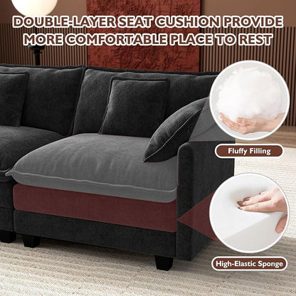 Ihanherry 114" V-Shaped Modern Sofa Modular Sectional Cloud Couch with Corner Section, 5-Seat Chenille Deep Seat Sofa with 5 Pillows for Living Room, Bedroom and Apartment, Black