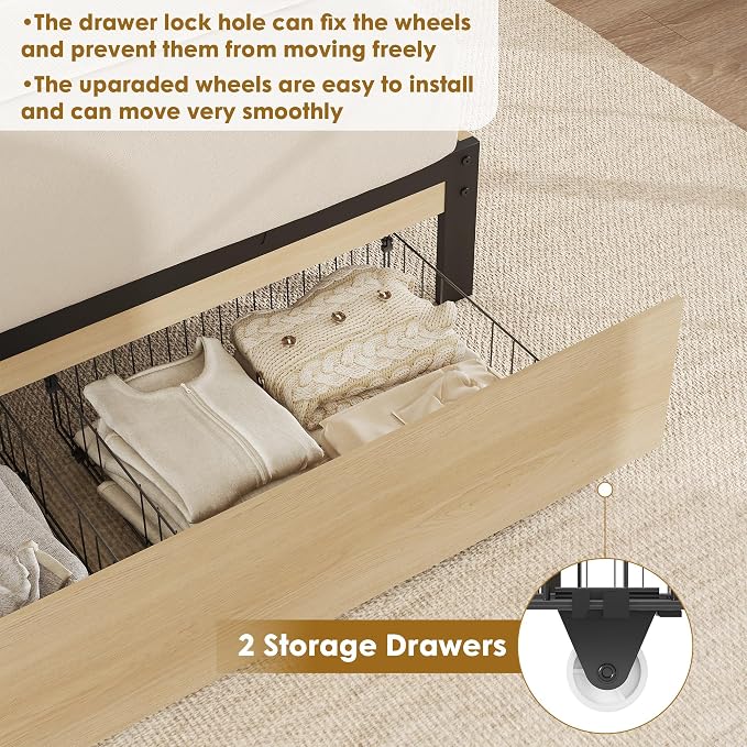 GarveeHome Full Platform Bed Frame, Full Size Bed Frame with Natural Rattan Headboard, Cane Bed Frame with 2 Storage Drawers and Strong Wood Slats Support, Noise Free, No Box Spring Needed