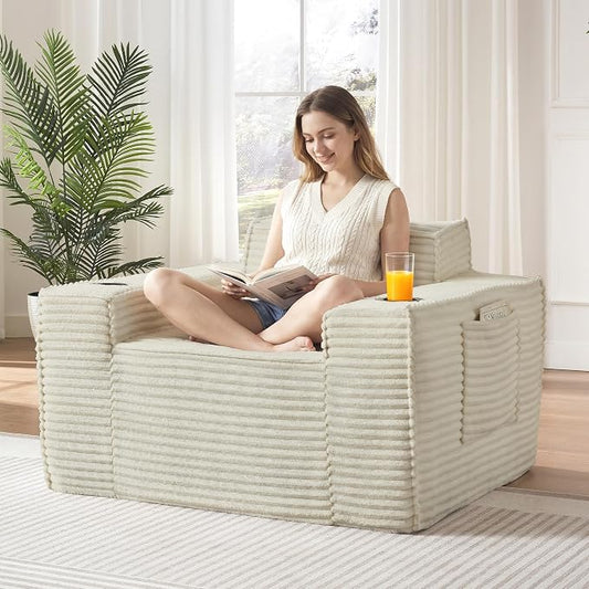 Boneless Sofa Couches with Cup Holder for Compact Living Rooms, Apartments (Camel, Single Chair + 3 Seat Sofa)