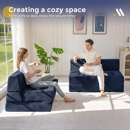 MAXYOYO 8" Folding Sofa Bed, Fold Out Chair Bed, Convertible Floor Sofa Couch, High-Density Foam Tufted Lounge Couch for Living Room Bedroom Dorm, Single, Navy