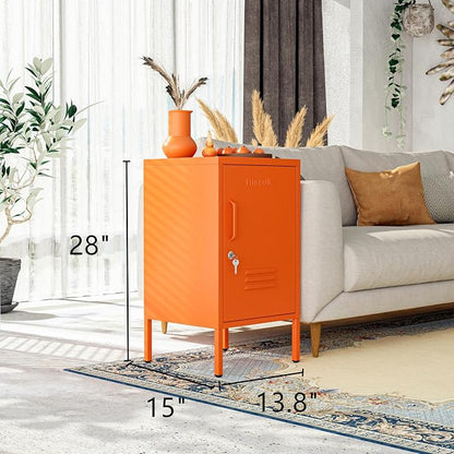 Single Door Lockable Metal End Table & Children's Bedside Table, 2-Tier Storage Cabinet with Adjustable Shelf, Easy Assembly Side Table for Living Room Bedroom Home Office Orange