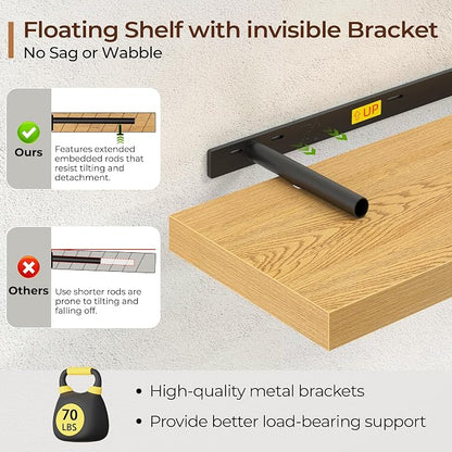 Fun Memories Floating Shelves for Wall 16 Inch Set of 3, Farmhouse Floating Shelves with Invisible Heavy Duty Bracket, 10 Inch Deep Bathroom Shelves for Storage, Living Room, Kitchen, Decor, Oak
