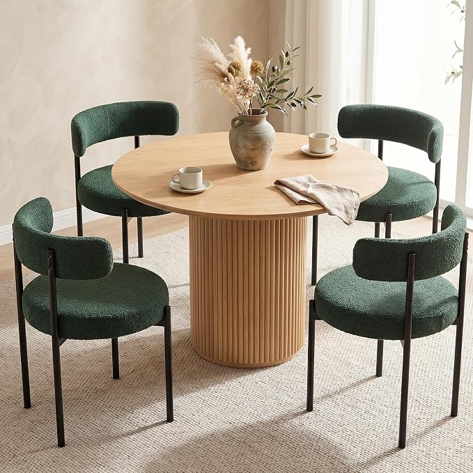 Boucle Dining Chairs Set of 4, Green Dining Chairs with Upholstered Seat and Round Back, Mid-Century Modern Kitchen Chairs for Dining Room, Restaurant