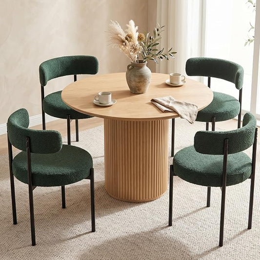 Boucle Dining Chairs Set of 6, Green Dining Chairs with Upholstered Seat and Round Back, Mid-Century Modern Kitchen Chairs for Dining Room, Restaurant