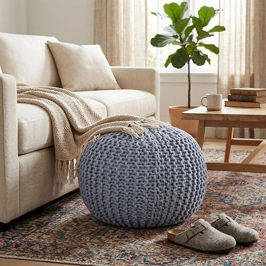 BIRDROCK HOME Round Pouf Ottoman Foot Rest - 18.5”x18.5”x15” Boho Compact Comfortable Soft Cotton Braided Foot Stool with Bean Bag Filling for Living Room, Bedroom, or Nursery (Soft Blue)
