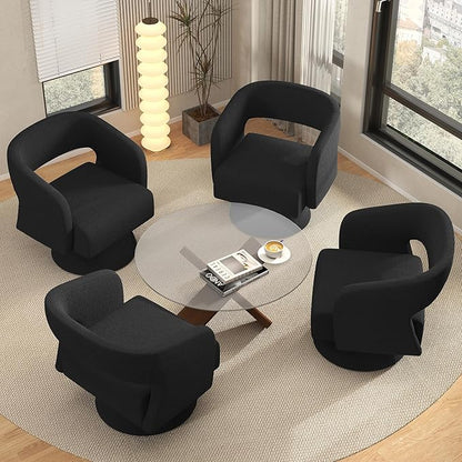 Luxanimarion Swivel Barrel Accent Chair,Oversized Teddy Upholstered Round Swivel Chair,Modern Luxury 360 Degree Living Room Vanity Chair for Bedroom Office,Black,4PCS