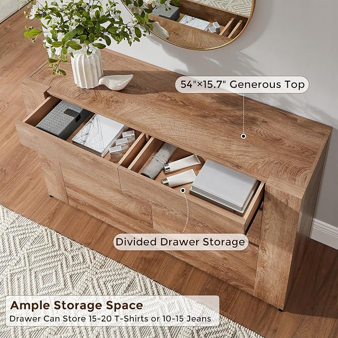 OKD 6 Drawer Dresser for Bedroom, 54" Wide Chest of Drawers with Thick Wood Design, Handleless, Modern Bedroom Dresser, Storage Organizer for Living Room/Entryway/Hallway, Light Knotty Wood