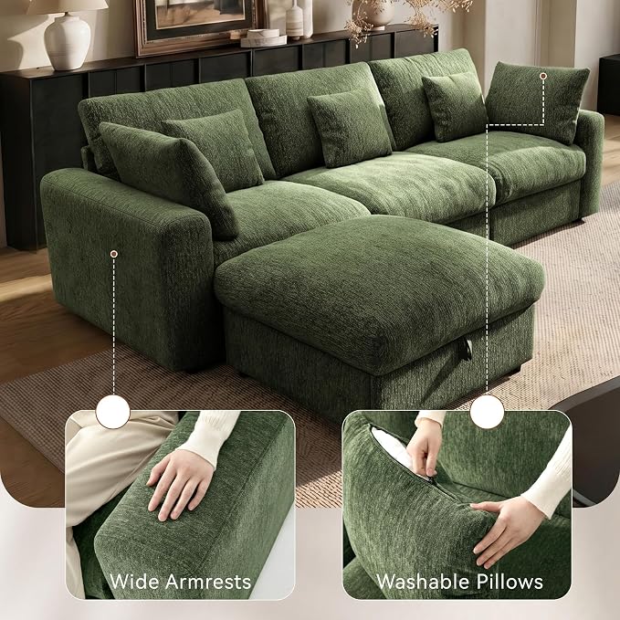 Ihanherry Cloud Sectional Couches for Living Room, 110" Large Modular Sectional Sofa with Wide Deep Seat, L Shaped Couch with Throw Pillow and Storage Ottoman, Green