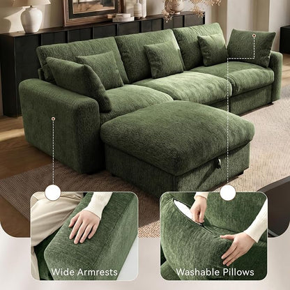 Ihanherry Cloud Sectional Couches for Living Room, 110" Large Modular Sectional Sofa with Wide Deep Seat, L Shaped Couch with Throw Pillow and Storage Ottoman, Green
