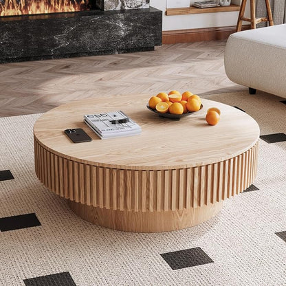 39'' Round Coffee Table with Storage, Modern Wooden Coffee Table with Solid Wood Veneered, Circle Center Table Accent Tea Table for Living Room Apartment Natural Wood
