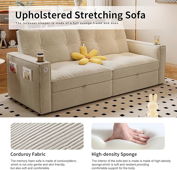 73.2'' Futon Sofa Bed Full Size, Pre-Assembled Pull Out Couch, Adjustable Backrest, Corduroy Convertible Sleeper Sofa, 2 Cup Holders, Pockets, USB, Loveseat for Living Room, Apartment, Beige | Soft Material