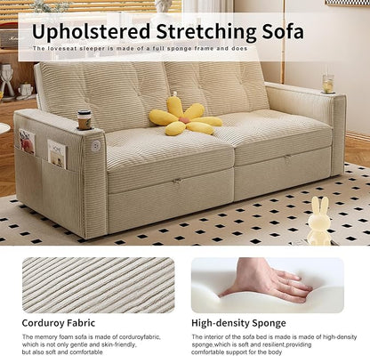 73.2'' Futon Sofa Bed Full Size, Pre-Assembled Pull Out Couch, Adjustable Backrest, Corduroy Convertible Sleeper Sofa, 2 Cup Holders, Pockets, USB, Loveseat for Living Room, Apartment, Beige | Soft Material