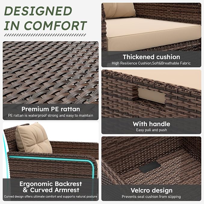 LHBcraft 5 Piece Outdoor Furniture Set, PE Rattan Balcony Furniture with Soft Cushions, Patio Set 2 Ottoman & Table for Porch, Lawn, Garden, Brown
