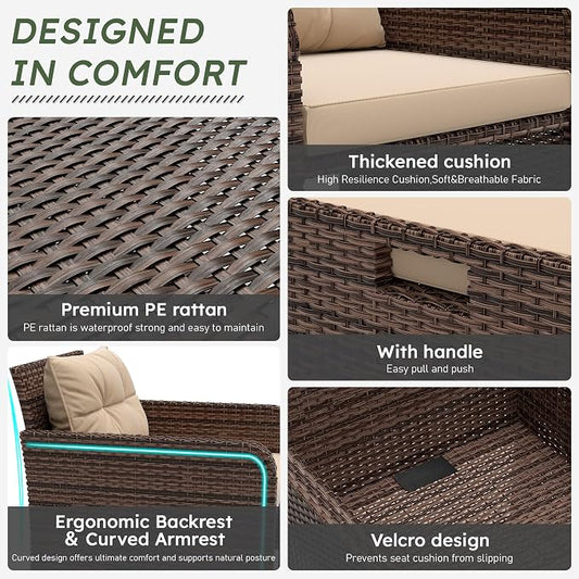 LHBcraft Balcony Furniture 5 Piece Wicker Patio Furniture Set, Outdoor Hand-Woven Rattan Lounge Chairs with Tempered Glass Coffee Table, Ottomans & Soft Cushions for Front Porch, Garden, Brown