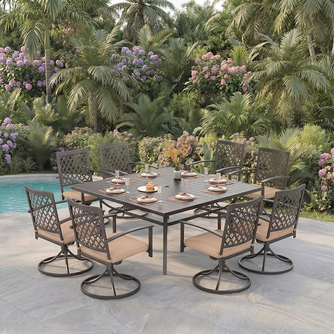PHI VILLA 9 Pieces Outdoor Dining Set for 8, 57.5" Black Square Metal Table with Umbrella Hole & Swivel Wrought Iron Chairs with Cushions, Large Outside Furniture Set for Patio, Deck, Yard, Porch