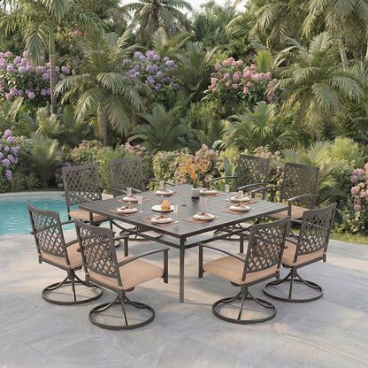 PHI VILLA 9 Pieces Outdoor Dining Set for 8, 57.5" Black Square Metal Table with Umbrella Hole & Swivel Wrought Iron Chairs with Cushions, Large Outside Furniture Set for Patio, Deck, Yard, Porch