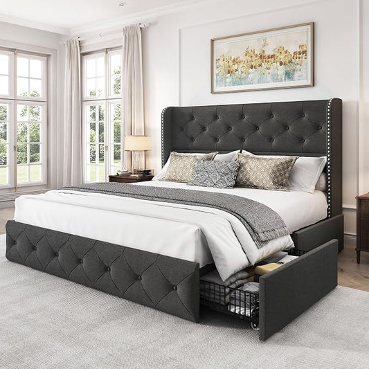 LARMACE Full Size Bed Frame with 4 Storage Drawers and 47.2" Tall Wingback Headboard Linen Upholstered Platform Bed Frame Tufted Beds with Wooden Slats Support, Easy Assembly, Dark Grey