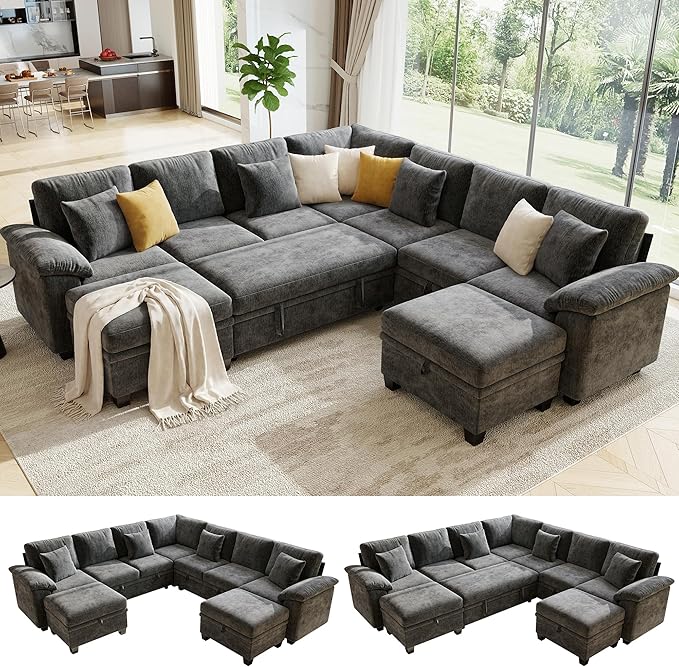 107.8" Oversized Modular Sectional Sofa with Pull Out Bed, 9 Seat U Shaped Sectional Sleeper Sofa with 291L Storage, Convertible Cloud Couch Bed, Sectional Couches for Living Room, Apartment (Gray)