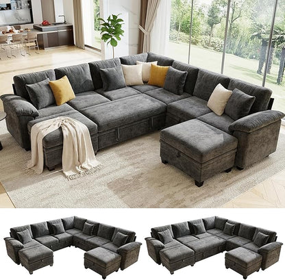 107.8" Oversized Modular Sectional Sofa with Pull Out Bed, 9 Seat U Shaped Sectional Sleeper Sofa with 291L Storage, Convertible Cloud Couch Bed, Sectional Couches for Living Room, Apartment (Gray)