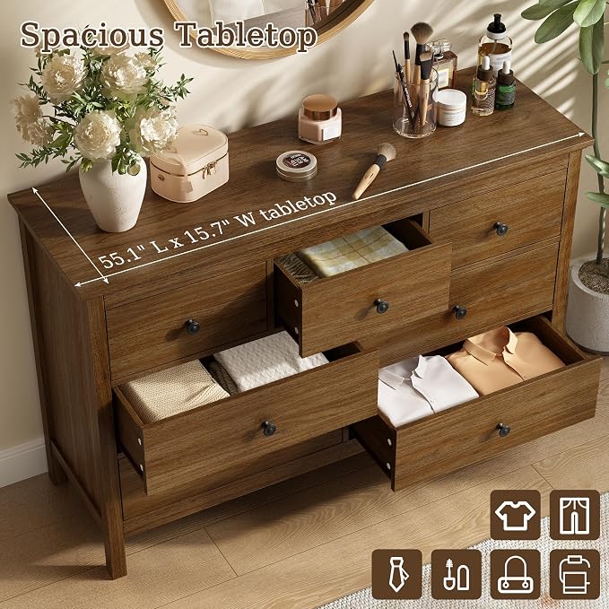 CARPETNAL Oak Dresser for Bedroom, 7 Drawer Dresser with Wide Drawers and Metal Handles, Wood Dressers & Chests of Drawers for Hallyway, Entryway